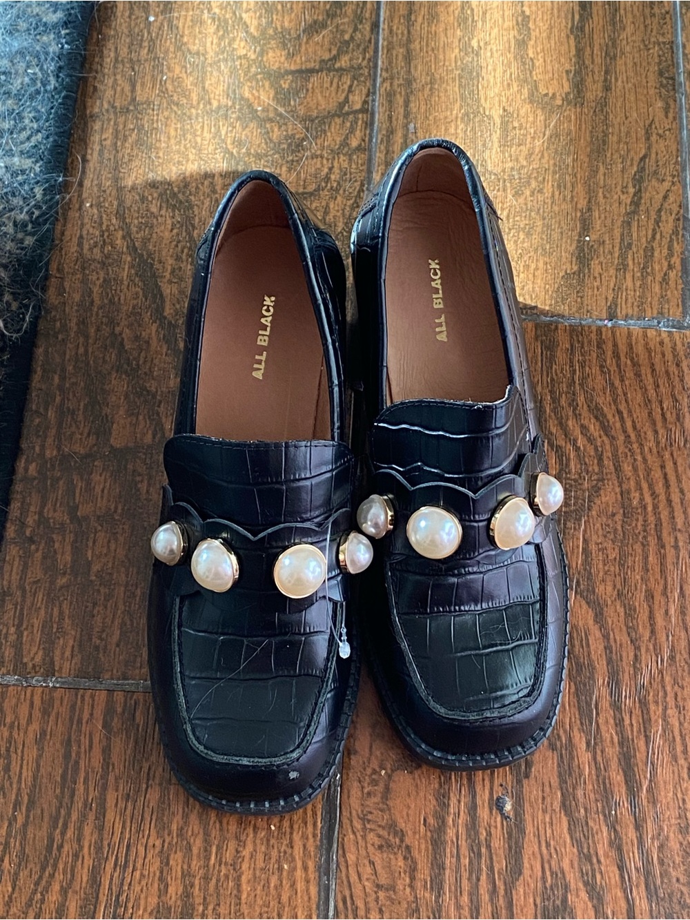 All Black Croc-Embossed Platform Heels with Pearl Embellishments